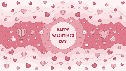 Valentine's Day background design with hearts, clouds, and balloons. Vector illustration.