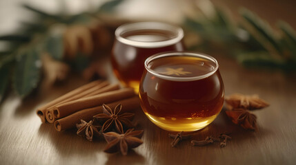 Fototapeta premium Spiced Herbal Tea with Cinnamon and Star Anise in Glass Cups