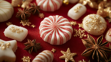 An assortment of holiday candies, including peppermint swirls and sugar confections adorned with golden glitter, arranged on a red background.