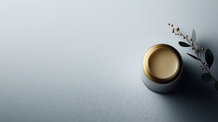 Fototapeta premium Explore the Aesthetic Charm of a Luxurious Cosmetic Jar Accented by Delicate Greenery