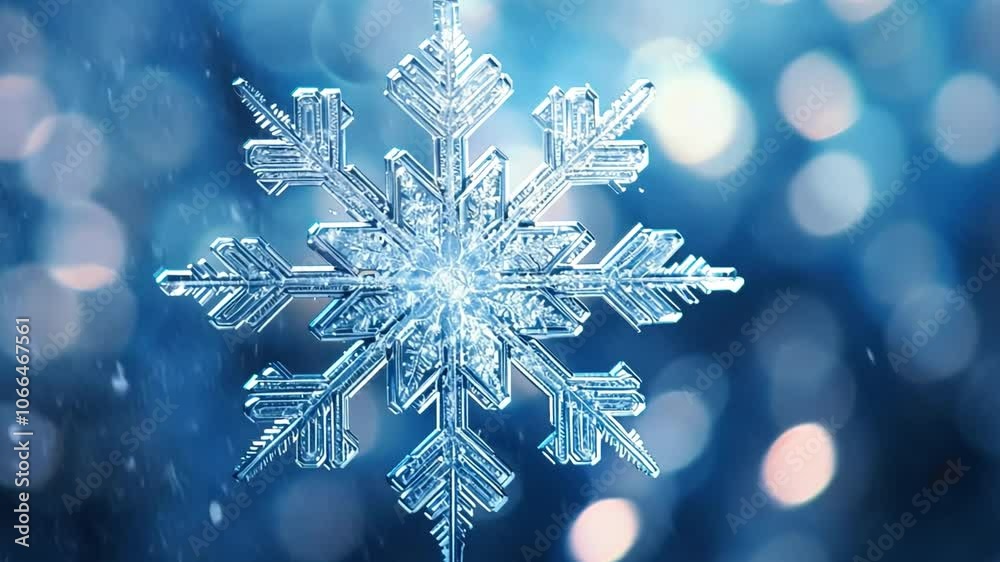 Poster Crystal Snowflake Macro: Intricate details of a single, perfectly formed snowflake against a bokeh background of cool blue hues. A mesmerizing winter wonderland scene. 