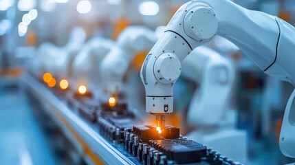 Row of White Robotic Arms at Automated Production Line at Bright Modern Factory. Industrial Robot Arms Assemble Lithium-Ion EV Battery Pack