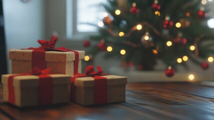 3D render Christmas background with gift boxes and christmas tree. Christmas tree with gift boxes on wooden table with generative ai