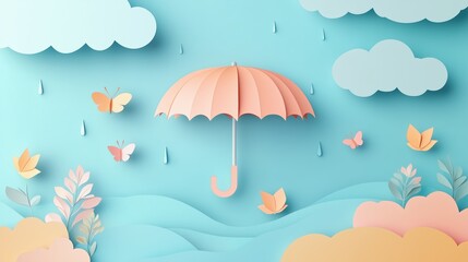 Obraz premium Colorful paper cut umbrella surrounded by butterflies and flowers against a blue sky backdrop in a whimsical nature scene