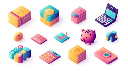 Isometric Business and Finance Icons Set with Piggy Bank, Calculator, and Graphs