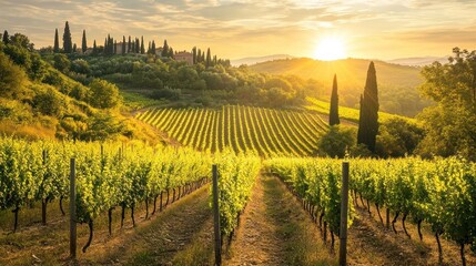 Fototapeta premium Vineyard Rows Basking in Golden Sunset Light