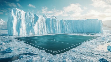 Soccer field at the middle of icebergs in glaciers, minimalist design, big iceberg on background