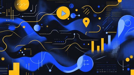 Abstract Design with Blue and Yellow Shapes, Geometric Patterns, and Lines on Black Background