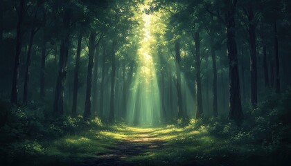 Obraz premium A forest path bathed in sunlight. This image captures the magic of a forest clearing, perfect for a fantasy or nature-themed project.