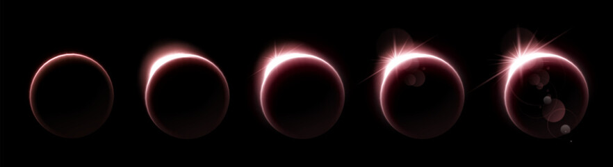 Solar or lunar eclipse phase sprite sheet on black background. Vector realistic illustration of neon light circle with flare effect, sun edge shining bright behind planet globe in space, night sky