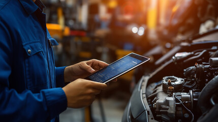 Mechanic using the digital tablet at an auto repair shop