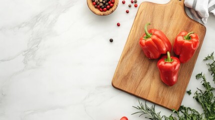 Fresh Red Bell Peppers on Wooden Cutting Board