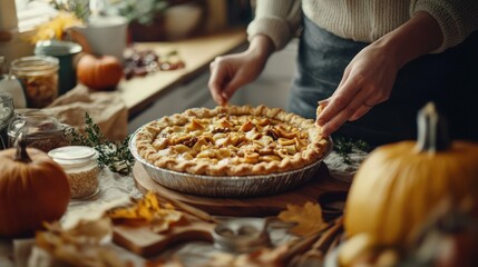 A cozy kitchen scene with a baker preparing Thanksgiving pies, showcasing the process and ingredientsStock photo --ar 16:9 --quality 2 --style raw --v 6.1 Job ID: 827951e2-051b-40ed-b595-9ecad51a5cc7