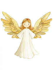 Fototapeta premium cheerful angel illustration with golden wings and white dress, radiating warmth and joy. Perfect for holiday themes and decorations