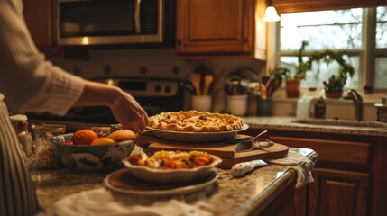 A cozy kitchen scene with a baker preparing Thanksgiving pies, showcasing the process and ingredients