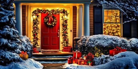 Obraz premium Festive Home Decorated for Christmas with Twinkling Lights