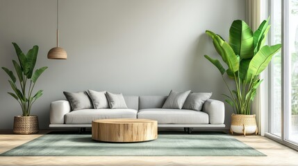 Modern living room interior with grey sofa, wooden coffee table, and green plants