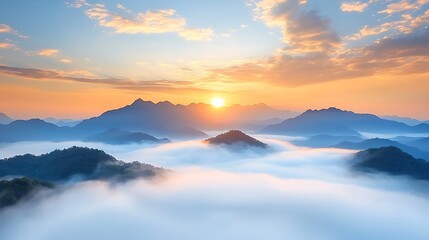 Obraz premium Breathtaking sunrise illuminates mountains and misty valleys in nature's splendor