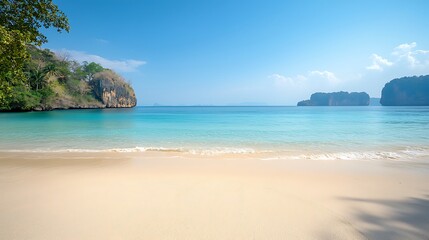 Fototapeta premium Explore the tranquil beauty of a pristine beach surrounded by lush nature and clear waters