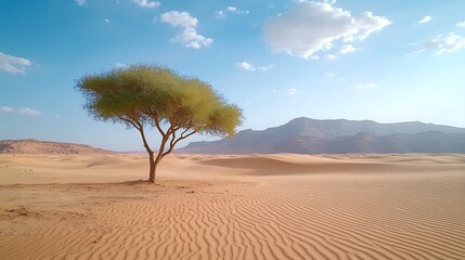 Fototapeta premium Solitary tree stands resilient amidst vast desert landscape under clear blue sky