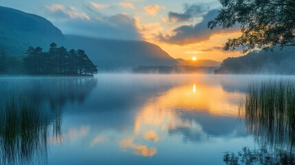 Fototapeta premium A tranquil lake with misty morning sunrise over mountains, reflected in the water.