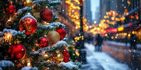 Fototapeta premium Snowy Christmas Scene with Ornaments and City Lights