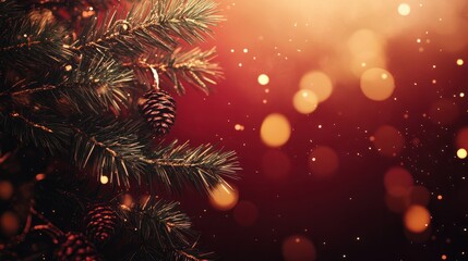 Christmas background with xmas tree and sparkle bokeh lights on red canvas background. Merry christmas card. Winter holiday theme. Happy New Year. Space for text