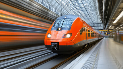 Obraz premium Orange high speed train in motion at modern railway station in Vienna. Fast intercity passenger train with motion blur effect. Railway platform. Railroad in Austria