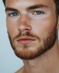 Fototapeta premium Headshot of a handsome, confident man with a strong, masculine expression. This portrait captures his charming style, beard, and intense gaze as he looks directly at the camera.