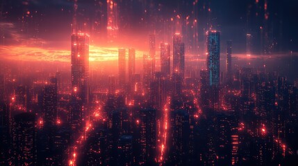 Obraz premium Blockchain technology, cybersecurity, Futuristic Digital Cityscape with Neon Lights and Glowing Data Streams
