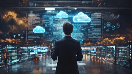 Cloud computing, Data storage, server images, Business Professional Analyzing Cloud Computing and Data Storage Network