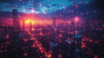 Blockchain technology, cybersecurity, Futuristic Digital Cityscape with Neon Lights and Glowing Data Streams