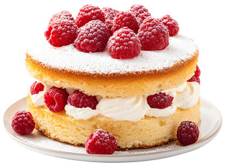 Victoria sponge cake with whipped cream and raspberries isolated.