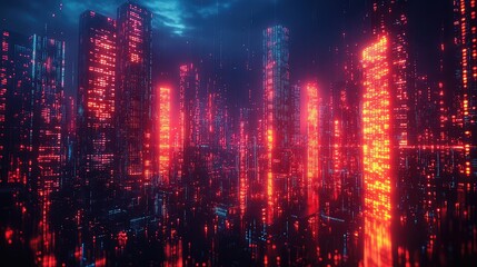 Obraz premium Blockchain technology, cybersecurity, Futuristic Digital Cityscape with Neon Lights and Glowing Data Streams