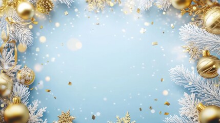 Fototapeta premium Christmas frame with golden decorations, baubles, garland, confetti on blue background. Christmas holiday celebration, winter, New Year concept. Christmas postcard template, New year banner design.