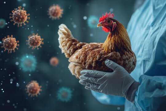 Doctors wear gloves to hold chickens, viruses are scattered around , Bird flu outbreak , illustration , Generative AI
