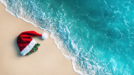 Fototapeta premium Christmas holidays concept. Top view of santa claus hat on summer sand beach.