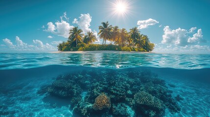 Tropical island with palm trees and clear water. A split-level view of a tropical island with palm trees, sunny blue skies and a vibrant coral reef underwater.