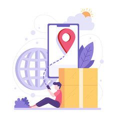 Man tracking package delivery with a phone. Perfect for logistics, online shopping, technology, delivery services, e-commerce, tracking, and postal services themes.