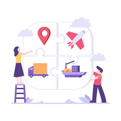 Group solving transport logistics puzzle, teamwork concept. Suitable for presentations, websites, blogs, and articles related to logistics and teamwork.