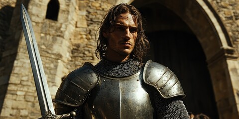 A dramatic portrait of a medieval knight in shining armor, standing proudly in a castle courtyard, with a majestic sword held at their side and a determined expression on their face.