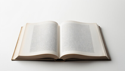 A lone open book rests on a plain white surface, its pages gazing serenely into the surrounding emptiness._00001_
