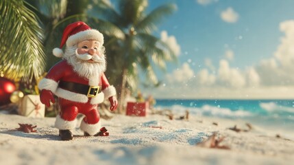 Christmas Santa Claus on the beach. New Year's travel vacation discounts and travel agencies price reductions concept.