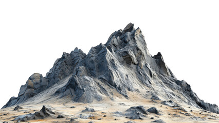 rugged mountain peak rises dramatically against clear background, showcasing its rocky texture and natural beauty. landscape features mix of gray and sandy tones, evoking sense of wilderness and