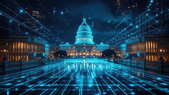 The US Capitol Building at night with a glowing blue digital grid in the foreground.