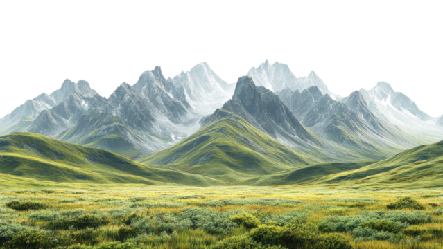 breathtaking view of majestic mountains surrounded by lush green meadows, showcasing beauty of nature and tranquility of landscape