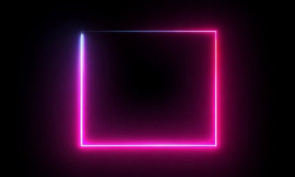 Two different colored neon lights form and illuminate a square, on black background.  Generative AI