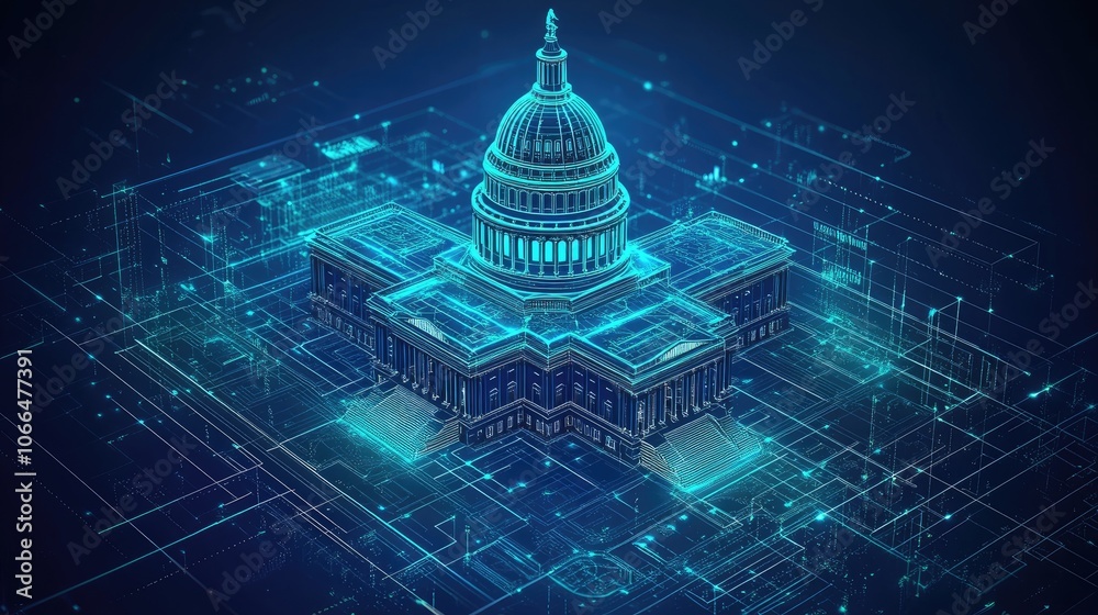 Wall mural a 3d digital rendering of the us capitol building on a blue background with glowing lines.