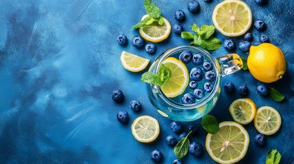 A blue background with a glass of blue liquid and a bunch of lemons