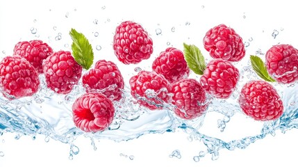 A bunch of raspberries floating in a stream of water